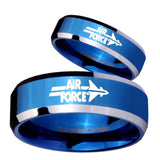 His Her Shiny Blue Bevel Air Force Two Tone Tungsten Wedding Rings Set