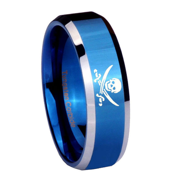 8mm Skull Pirate Beveled Edges Blue 2 Tone Tungsten Carbide Mens Bands Ring