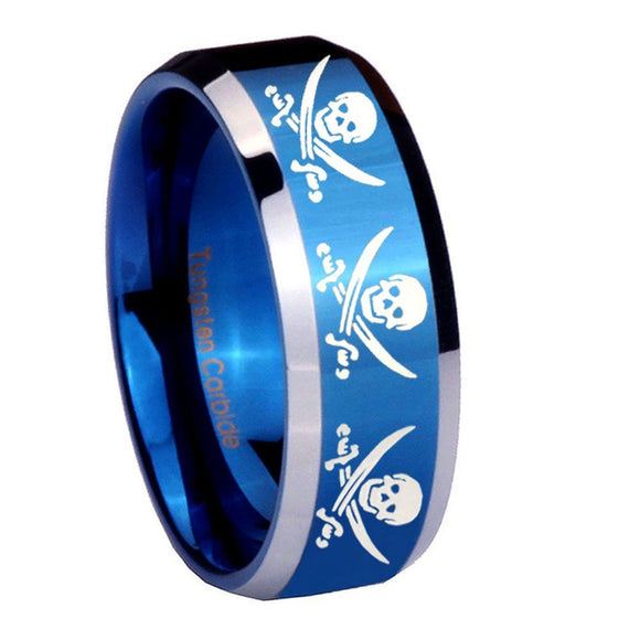 8mm Multiple Skull Pirate Beveled Blue 2 Tone Tungsten Mens Engagement Band