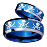 His Hers Multiple Skull Pirate Beveled Blue 2 Tone Tungsten Men's Ring Set