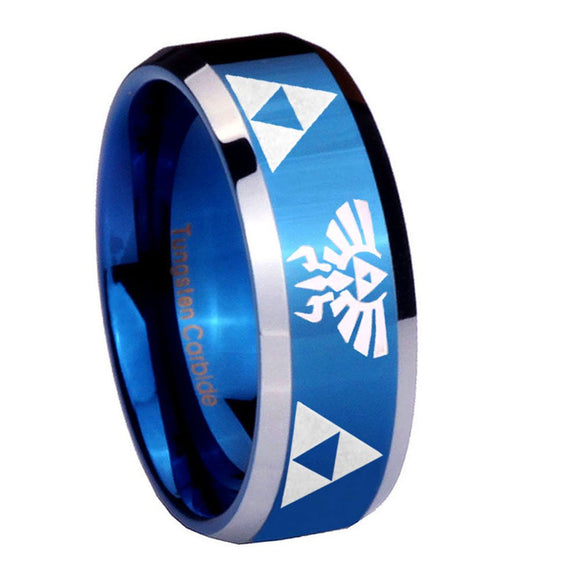 8mm Legend of Zelda Beveled Edges Blue 2 Tone Tungsten Wedding Engraving Ring