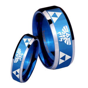 His Hers Legend of Zelda Beveled Edges Blue 2 Tone Tungsten Custom Mens Ring Set