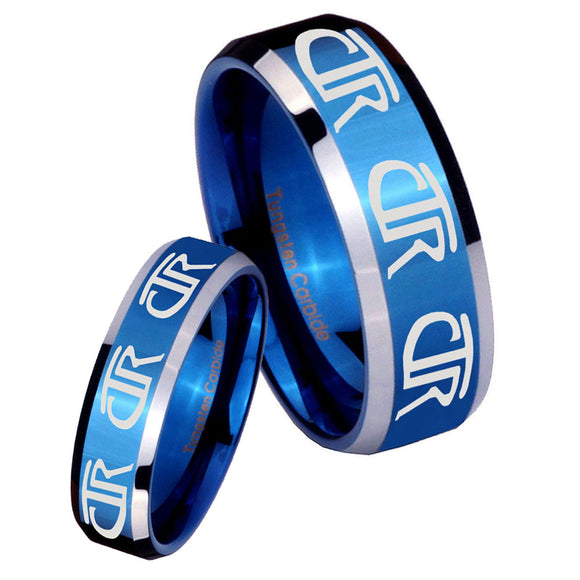 His Hers Multiple CTR Beveled Edges Blue 2 Tone Tungsten Custom Ring for Men Set