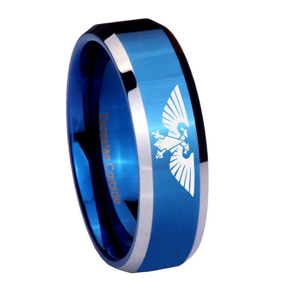 8mm Aquila Beveled Edges Blue 2 Tone Tungsten Carbide Bands Ring