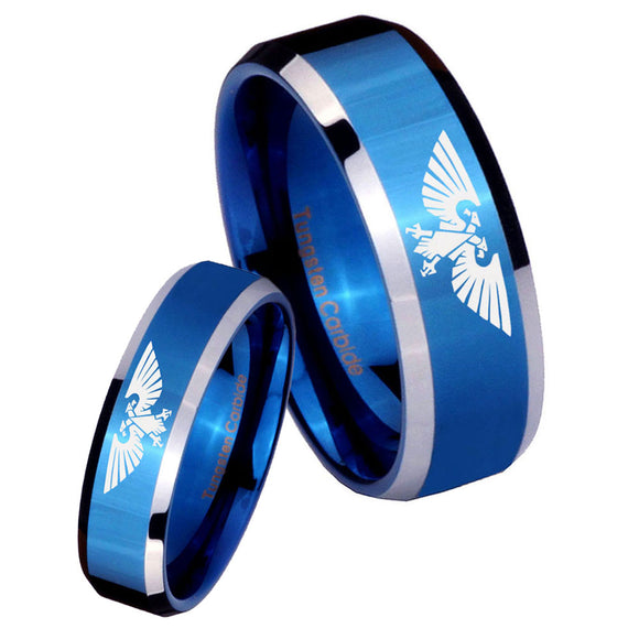 His and Hers Aquila Beveled Edges Blue 2 Tone Tungsten Engagement Ring Set