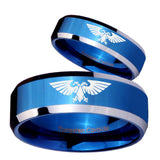 His and Hers Aquila Beveled Edges Blue 2 Tone Tungsten Engagement Ring Set