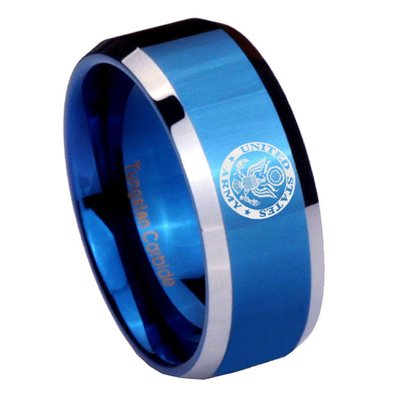 8mm U.S. Army Beveled Edges Blue 2 Tone Tungsten Mens Ring Engraved