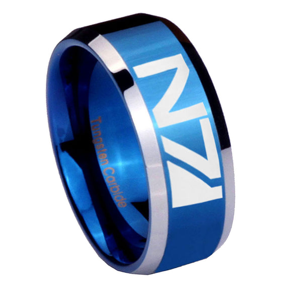 10mm N7 Design Beveled Edges Blue 2 Tone Tungsten Men's Engagement Ring