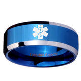 10mm Medical Alert Beveled Edges Blue 2 Tone Tungsten Mens Engagement Band