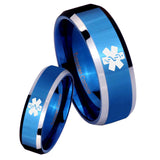 His Hers Medical Alert Beveled Edges Blue 2 Tone Tungsten Engraved Ring Set