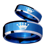 His Hers Crown Beveled Edges Blue 2 Tone Tungsten Men's Engagement Band Set