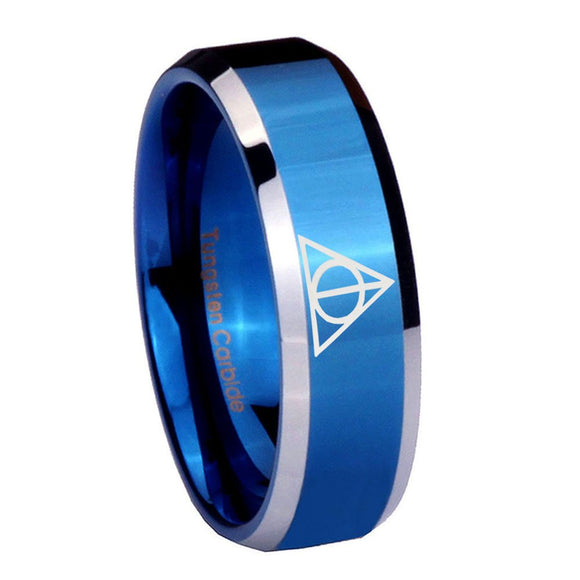 8mm Deathly Hallows Beveled Edges Blue 2 Tone Tungsten Mens Engagement Band