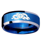 10mm Flamed Cross Beveled Edges Blue 2 Tone Tungsten Mens Ring Personalized