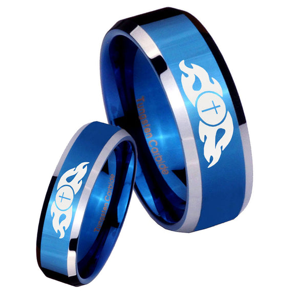 His Hers Flamed Cross Beveled Edges Blue 2 Tone Tungsten Mens Promise Ring Set