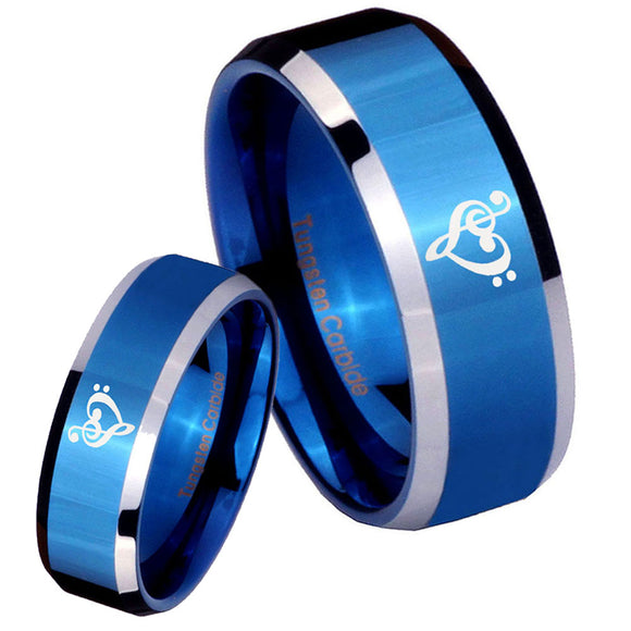 His Hers Music & Heart Beveled Edges Blue 2 Tone Tungsten Personalized Ring Set