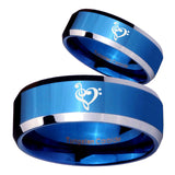 His Hers Music & Heart Beveled Edges Blue 2 Tone Tungsten Personalized Ring Set