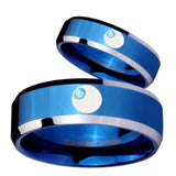 His Hers 8 Ball Beveled Edges Blue 2 Tone Tungsten Mens Wedding Band Set