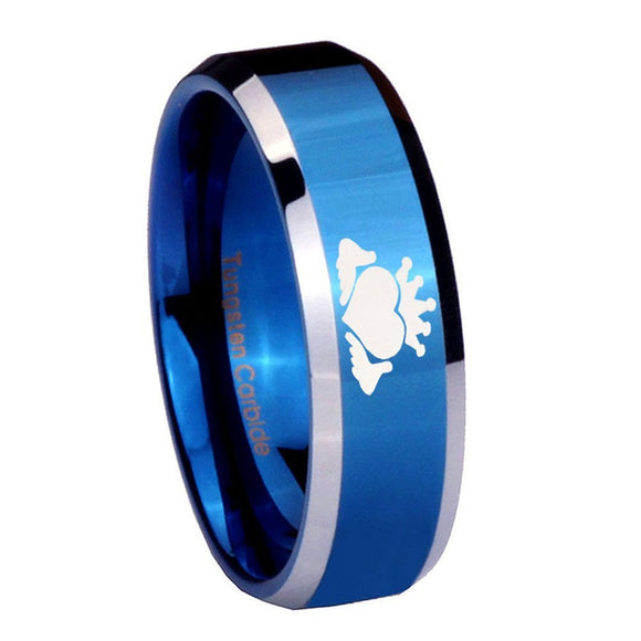 8mm Claddagh Design Beveled Edges Blue 2 Tone Tungsten Mens Ring Engraved