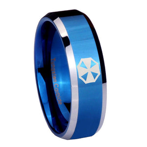 8mm Resident Evil Beveled Edges Blue 2 Tone Tungsten Mens Anniversary Ring