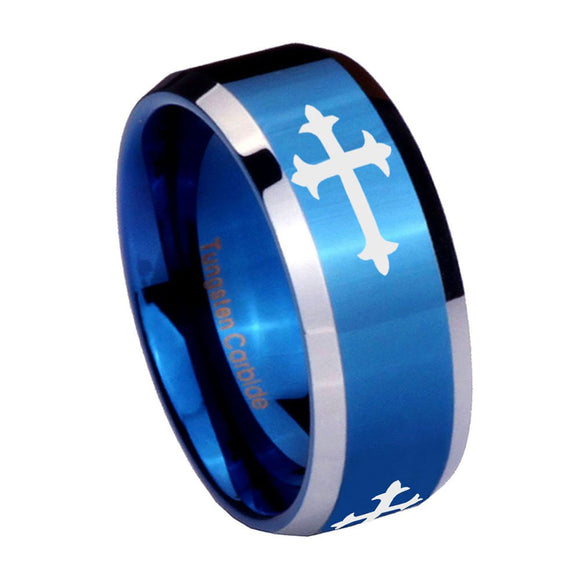 8mm Christian Cross Religious Beveled Edges Blue 2 Tone Tungsten Mens Ring Engraved