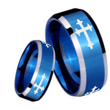 8mm Christian Cross Religious Beveled Edges Blue 2 Tone Tungsten Mens Ring Engraved