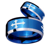 His Hers Christian Cross Religious Beveled Blue 2 Tone Tungsten Men's Wedding Band Set