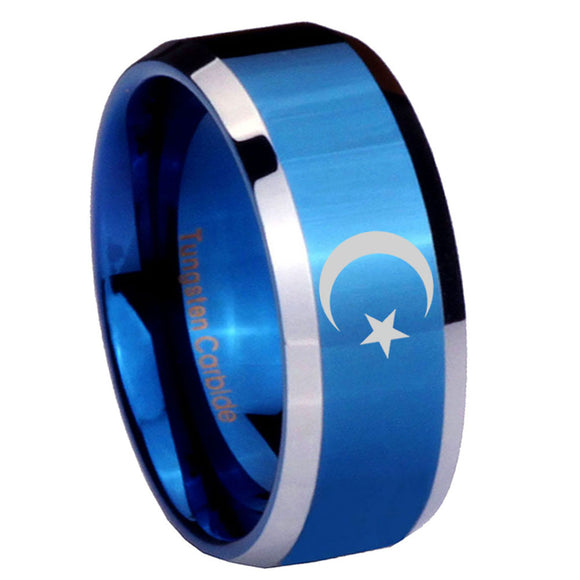 10mm Crescent Moon Stars Beveled Edges Blue 2 Tone Tungsten Men's Engagement Ring