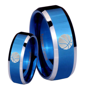 His Hers Basketball Beveled Edges Blue 2 Tone Tungsten Wedding Bands Ring Set