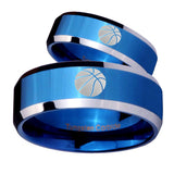 His Hers Basketball Beveled Edges Blue 2 Tone Tungsten Wedding Bands Ring Set