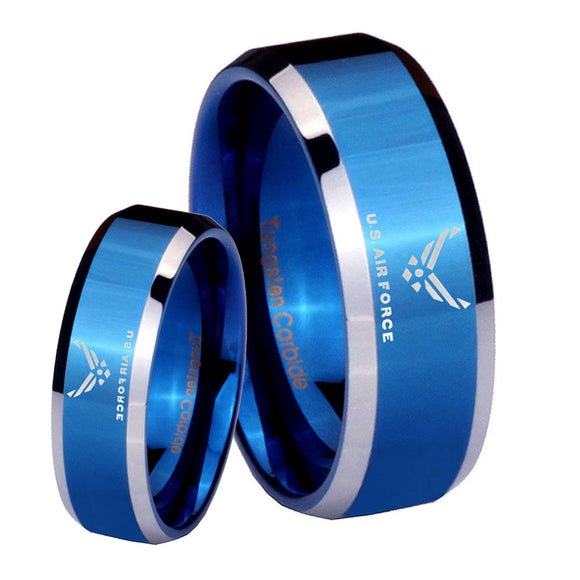 His Her Shiny Blue Bevel US Air Force Two Tone Tungsten Wedding Rings Set