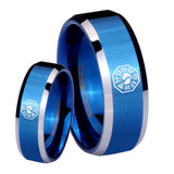 His Hers Lost Dharma Beveled Edges Blue 2 Tone Tungsten Men's Ring Set