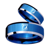 His Hers Military Pow Beveled Edges Blue 2 Tone Tungsten Men's Band Ring Set