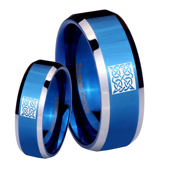 His Hers Celtic Design Beveled Edges Blue 2 Tone Tungsten Anniversary Ring Set