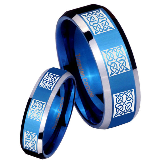 His Hers Multiple Celtic Beveled Edges Blue 2 Tone Tungsten Bands Ring Set