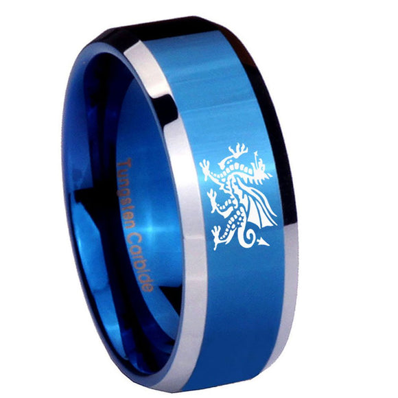 8mm Dragon Beveled Edges Blue 2 Tone Tungsten Carbide Engraved Ring