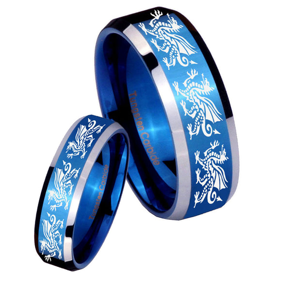 His Hers Multiple Dragon Beveled Blue 2 Tone Tungsten Mens Engagement Ring Set