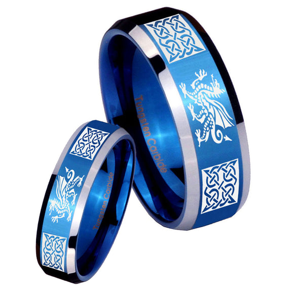 His Hers Multiple Dragon Celtic Beveled Blue 2 Tone Tungsten Men's Ring Set