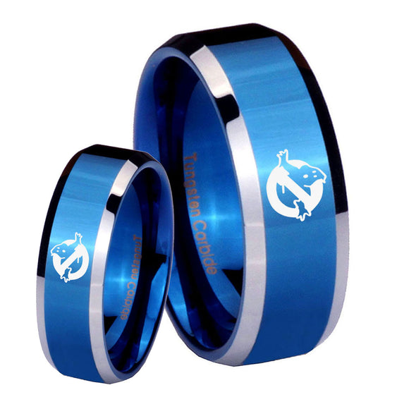 His Hers Ghostbusters Beveled Edges Blue 2 Tone Tungsten Men's Bands Ring Set