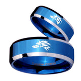 His Hers Wolf Beveled Edges Blue 2 Tone Tungsten Mens Engagement Band Set