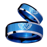 His Hers Waylon Jennings Beveled Blue 2 Tone Tungsten Mens Engagement Ring Set