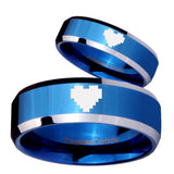 His Her Shiny Blue Bevel Zelda Heart Two Tone Tungsten Wedding Rings Set