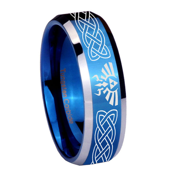 10mm Celtic Zelda Beveled Edges Blue 2 Tone Tungsten Mens Engagement Ring