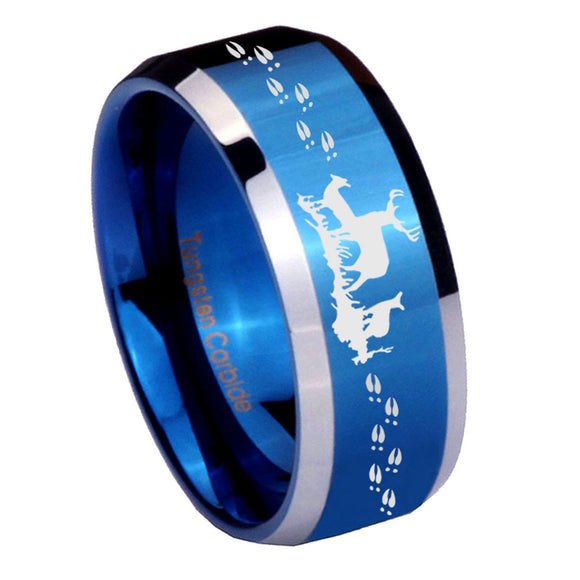 10mm Deer Hunting Beveled Edges Blue 2 Tone Tungsten Men's Engagement Ring