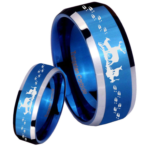 His Hers Deer Hunting Beveled Blue 2 Tone Tungsten Men's Wedding Band Set