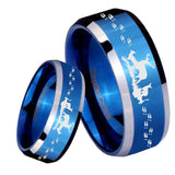 8mm Deer Hunting Beveled Edges Blue 2 Tone Tungsten Mens Ring Engraved