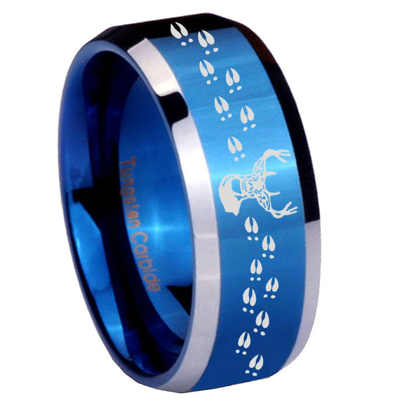 8mm Deer Antler Beveled Edges Blue 2 Tone Tungsten Mens Ring Engraved