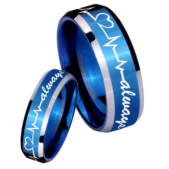 His Hers Heart Beat forever Heart always Beveled Blue 2 Tone Tungsten Bands Ring Set
