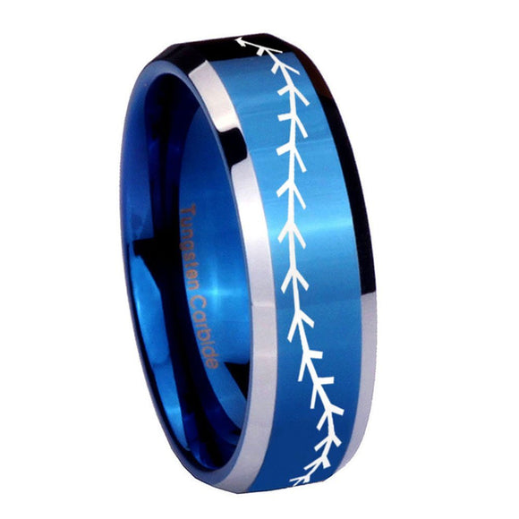 8mm Baseball Stitch Beveled Edges Blue 2 Tone Tungsten Carbide Anniversary Ring