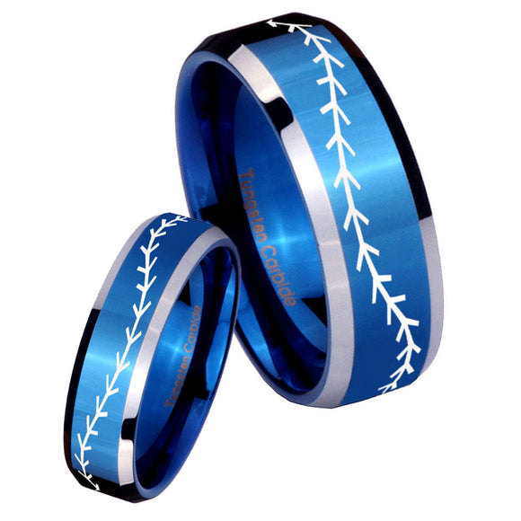 His Hers Baseball Stitch Beveled Blue 2 Tone Tungsten Custom Ring for Men Set