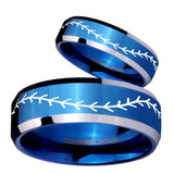 His Hers Baseball Stitch Beveled Blue 2 Tone Tungsten Custom Ring for Men Set